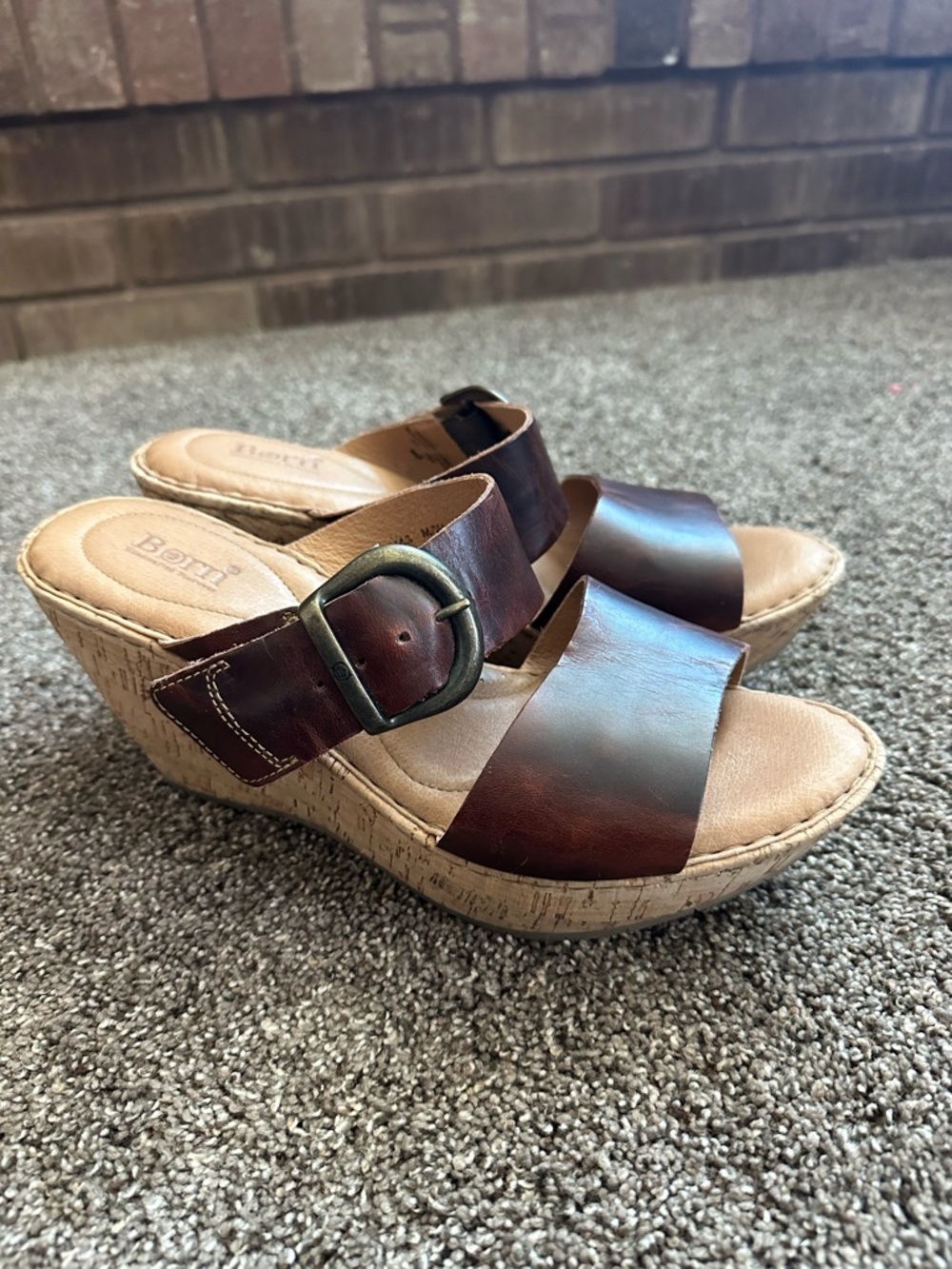 Born Emmy Brown Leather Cork Wedge Slide Sandals Size 11